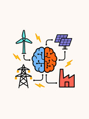 Fototapeta premium Brain with Renewable Energy Sources and Industrial Elements