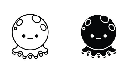 Cute octopus vector icon isolated on white Black and white outline line art and solid glyph silhouette © VisionGrafix