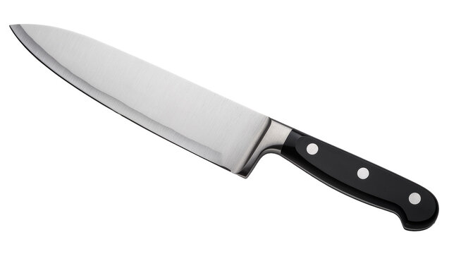 Isolated professional chef's knife with a sharp silver blade and black riveted handle for kitchen use