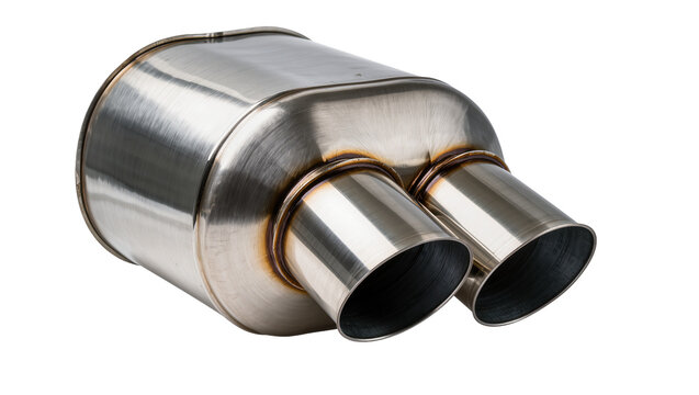 Isolated shining brushed stainless steel car exhaust muffler with dual outlet tips and welds
