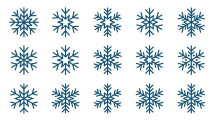 Collection of fifteen blue snowflakes on a light blue background. © Cintia