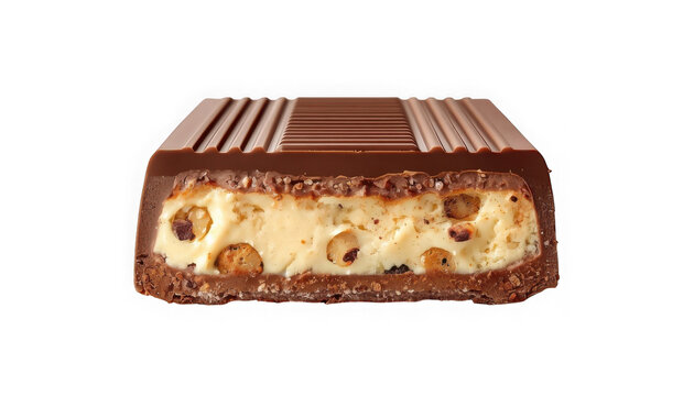 A delicious chocolate candy bar with a creamy filling and nuts isolated on transparent background