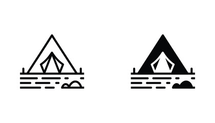 Camping tent vector icon isolated on white Black and white outline line art and solid glyph silhouette © VisionGrafix