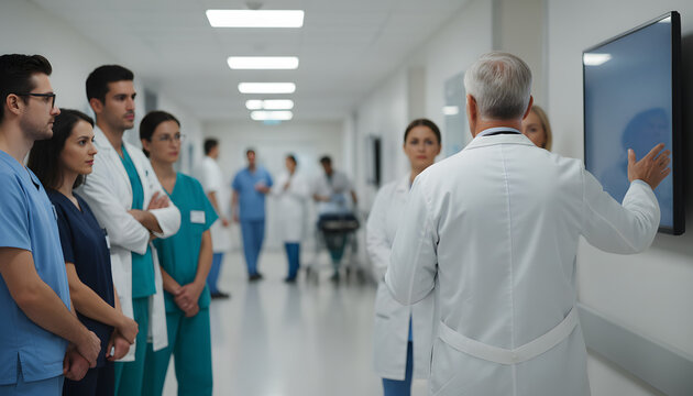 Medical professionals gather in a hospital hallway for a presentation on a screen