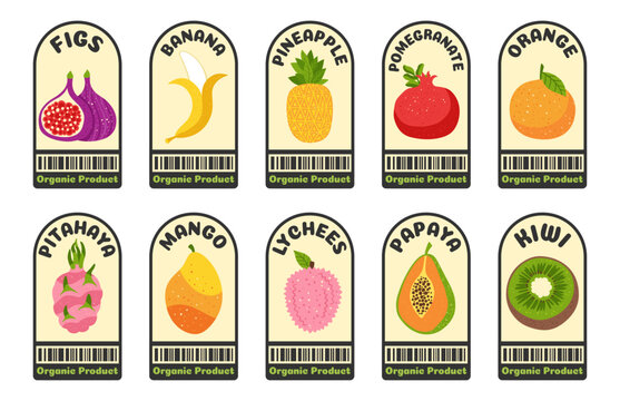 Food fruit label and sticker set. Cartoon organic berry badges with fresh natural tag for supermarket and farm shop. Trendy retro patches and stickers. Flat vector illustration emblem bio collection