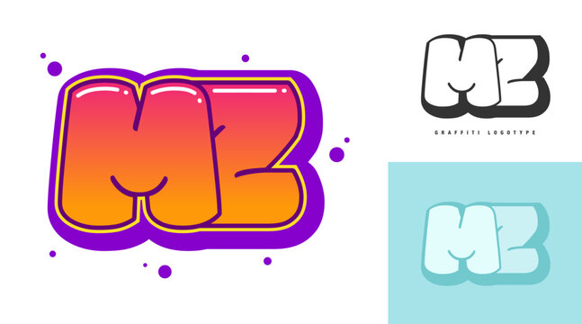 MZ logo design for festival or party. Initial letter m and z in graffiti style. Creative modern lettering company name of font typography. Kids trendy logotype or identity.