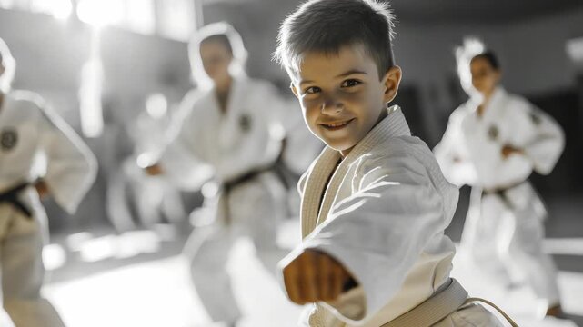 Young boy in martial arts uniform practicing with determination.