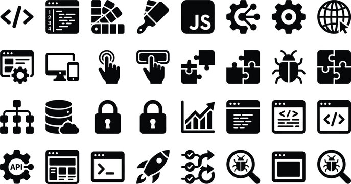 Flat icons set of programming and web development tools