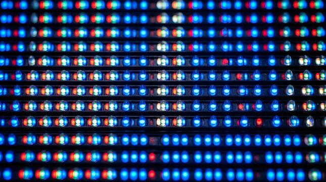 Close up macro view of a vibrant digital electronic led display panel featuring rows of glowing red green and blue light emitting diodes creating a high resolution textured pattern of abstract luminou