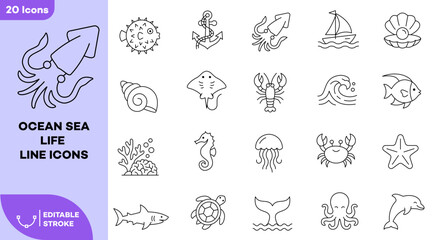 Ocean Sea Life Line Icon Set, Marine Underwater Animal Outline Symbol Collection with Dolphin, Shark, Octopus, Crab, Jellyfish, Seahorse, Turtle, Lobster and Coral Icons, Editable Stroke Vector © Tuhin23