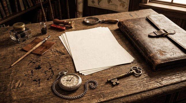 Investigator desk with papers and vintage items on wooden surface