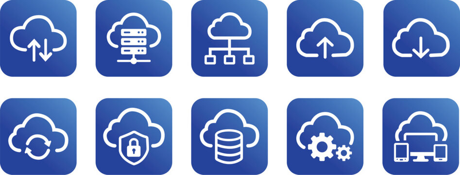 Cloud Computing and Cloud Storage Blue Icon Set Collection with Upload Download Database Security Sync Network and Device Symbols