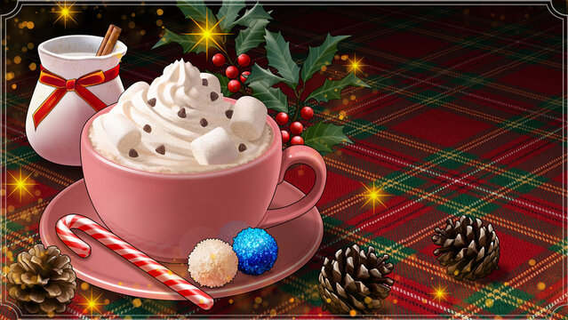 Cozy Christmas hot cocoa with whipped cream and marshmallows in elegant frame on red plaid background