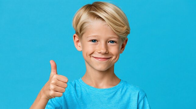 Smiling young blonde boy in bright blue t-shirt giving thumbs up gesture against solid bright blue background shows positive approval and happy agreement with good concept