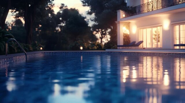 Elegant pool with blue water and dimly lit lights against a dusk sky.