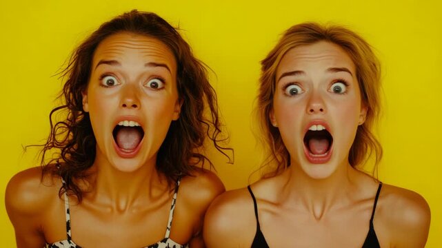 Two women with wide eyes and open mouths in close proximity. They appear surprised or shocked.