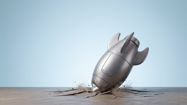 rocket spaceship crashing into ground symbolizing failed startup or business risk concept with copy space