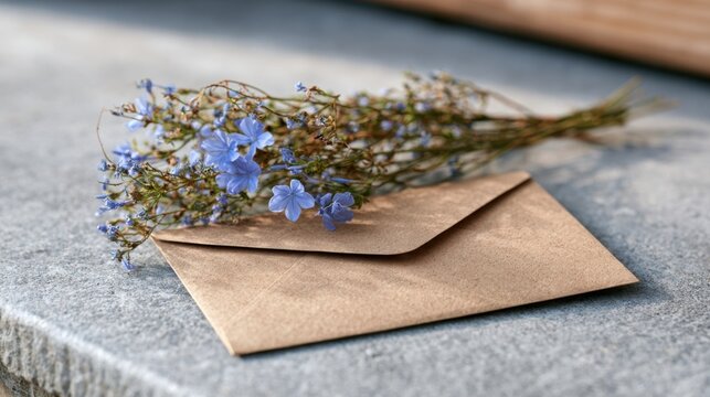 Brown envelope placed on a stone surface with a bouquet of small blue flowers arranged on top, creating a serene and thoughtful memorial remembrance background