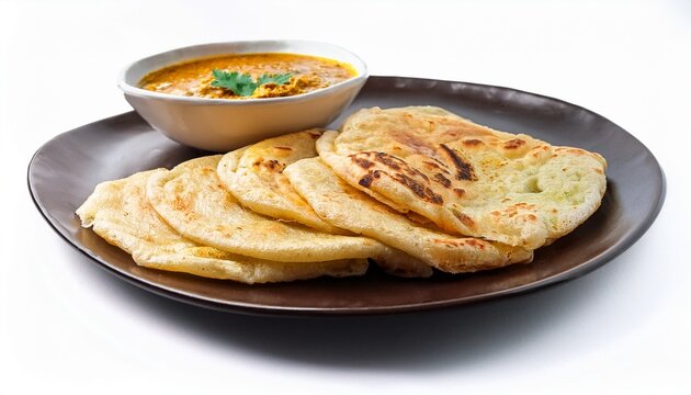 Flaky Malaysian Roti Canai Flatbread Served With Dhal Curry Isolated On A White Background