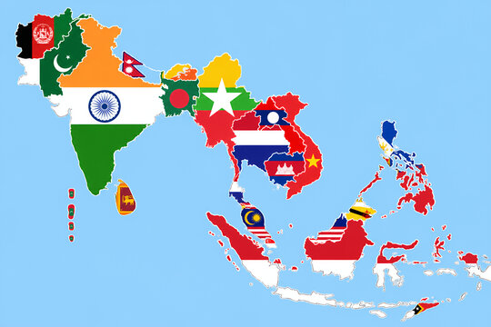 South Asia and Southeast Asia Political Map with National Flags &ndash; Flat Vector Illustration