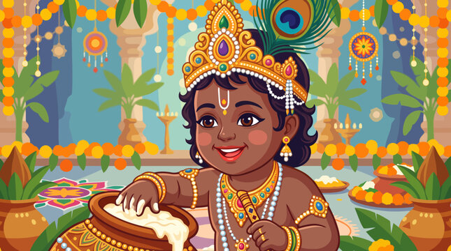 Little Krishna stealing butter with peacock feather crown in festive p