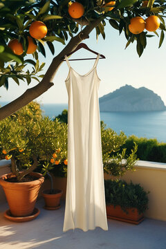 White linen dress hanging from an orange tree branch, Mediterranean summer lifestyle