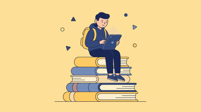 Boy using tablet while sitting on stack of books.
