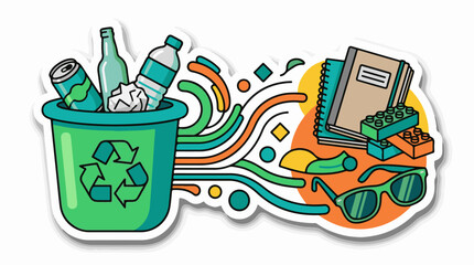 Obraz premium Illustrated recycling bin with objects and colorful abstract shapes
