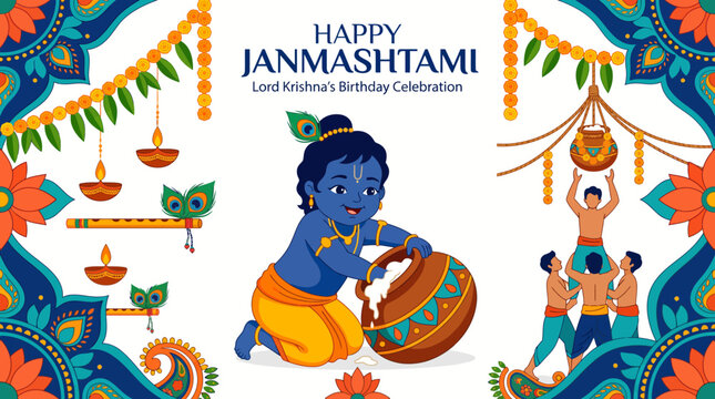 Vibrant Janmashtami digital illustration featuring little Krishna eati