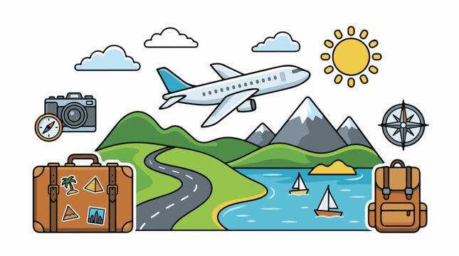 Illustrated travel icons with airplane suitcase backpack camera sun mountains sea