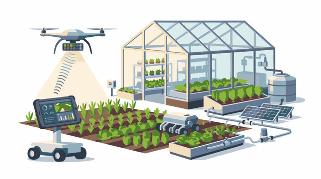 High-tech farm with drone robot greenhouse and solar power