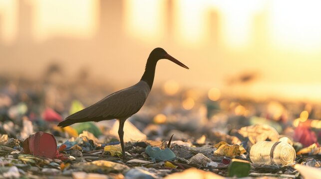 Bird stands among plastic waste in a polluted environment