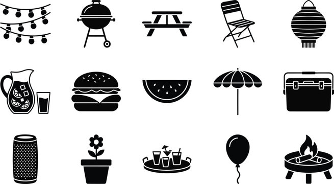 Summer bbq vector set design picnic grill food outdoor party icons
