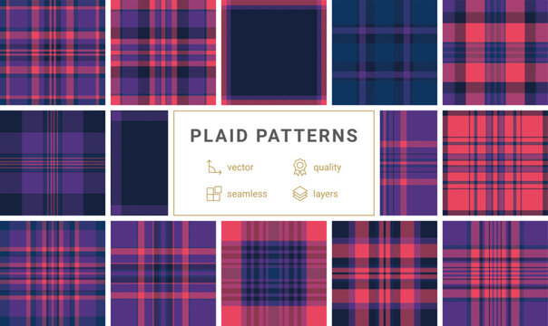 Explore this seamless tartan plaid pattern featuring bold purple and pink tones. The classic geometric design is ideal for textile prints, fashion branding, and digital background use.