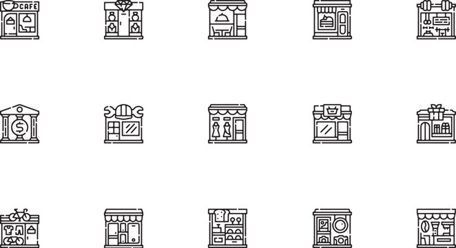 Commercial retail and local business outline vector icon set featuring diverse city storefronts market shop facades and urban restaurant building architecture