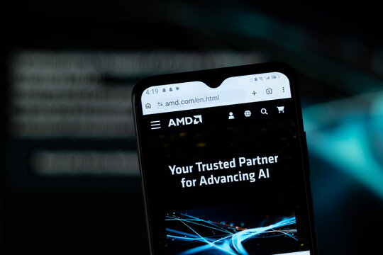 Dhaka, Bangladesh - 05 May 2026: Close-up of AMD homepage on a smartphone.