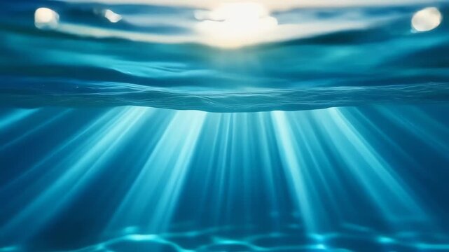 Bright sunlit rays pierce clear blue water, revealing a tranquil underwater landscape. The surface ripples above while light beams fan out, illuminating currents and a serene expansive aquatic world