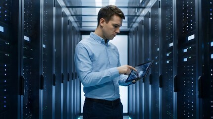 Fototapeta premium Focused IT professional using a digital tablet to monitor server infrastructure performance inside a modern high tech data center facility