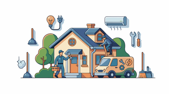 Home repairmen fixing house with van tools and AC unit