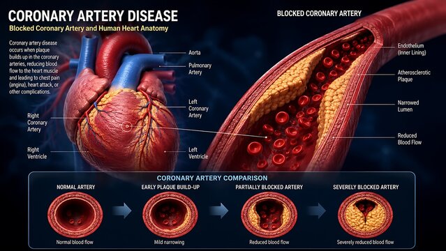 Coronary Artery Disease with Progressive Atherosclerotic Plaque Formation, Arterial Narrowing and Heart Blood Supply Reduction, Medical Illustration