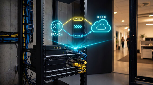 Network infrastructure concept showing data connection between branch office and cloud computing via multiple paths on server rack hardware with copy space