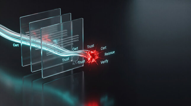 Abstract digital concept of cybersecurity and data verification with glowing light beams passing through transparent layers and a red error explosion with copy space
