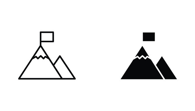 Mountain with flag vector icon isolated on white Black and white outline line art and solid glyph silhouette