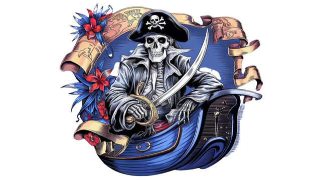 Skeleton Pirate Captain Holding A Cutlass Sword With Tropical Flowers And Vintage Scroll Banner Illustration For Tattoos Or