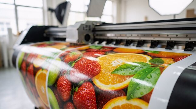 Large format printer producing high quality fruit themed advertising signage with high resolution printing advertising machinery graphics industrial production