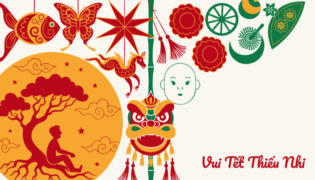 Tết Trung Thu horizontal banner with full moon, Cuội silhouette and colorful lanterns &mdash; greeting card template