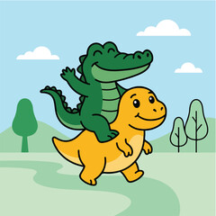 Fototapeta premium Cartoon Crocodile Riding Baby Dinosaur in Sunny Meadow with Trees