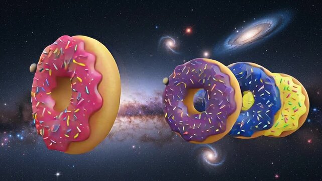 colorful donuts floating in space with planets and stars