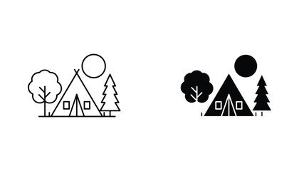 Camping tent vector icon isolated on white Black and white outline line art and solid glyph silhouette © VisionGrafix