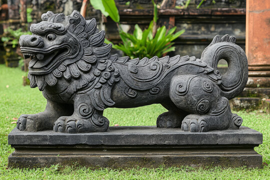 Traditional Balinese stone statue of a mythical guardian lion or Barong on green grass background, authentic Asian temple architecture style, copy space for travel and cultural branding.